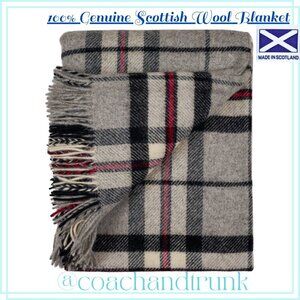 SCOTTISH WOOL IMPORT THROW BLANKET Fringe Tomson Plaid Grey Ivory Black Red NWT